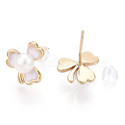 Clover Natural Pearl Stud Earrings with Enamel, Brass Earring with 925 Sterling Silver Pins, Real 18K Gold Plated, 13.5x13mm, Pin: 12x0.8mm(PEAR-N020-05O)