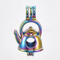 Plated Alloy Bead Cage Pendants, Teakettle, Colorful, 29x17x13mm, Hole: 4x4.5mm; Inner Measure: 10.5x11mm(PALLOY-S119-025)