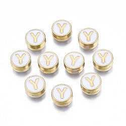 Alloy Enamel Beads, Cadmium Free & Lead Free, Light Gold, Flat Round with Alphabet, White, Letter.Y, 8x4mm, Hole: 1.5mm(ENAM-N052-006-01Y-RS)