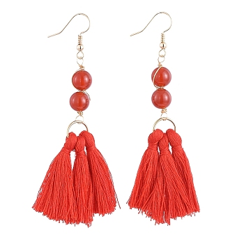 Dangle Earrings, with Cotton Thread Tassels, with Natural Carnelian Gemstone Beads and Brass Earring Hooks, Golden, Red, 84mm, Pin: 0.6mm