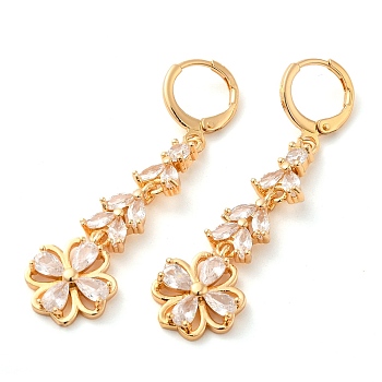 Rack Plating Golden Brass Dangle Leverback Earrings, with Cubic Zirconia, Flower, Clear, 50x12.5mm
