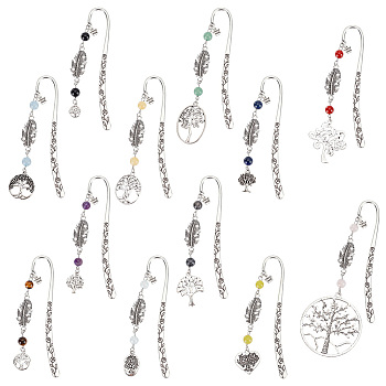 Hook Bookmarks, Gemstone Round Bead Bookmark, Tibetan Style Alloy Pendant Bookmarks, Tree of Life, Antique Silver, 184~232mm, 12 style, 1pc/style, 12pcs/set
