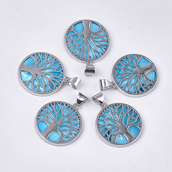 Freshwater Shell Pendants, with Alloy Findings, Dyed, Flat Round with Tree of Life, Platinum, Deep Sky Blue, 37.5x33.5x3mm, Hole: 6x8.5mm
