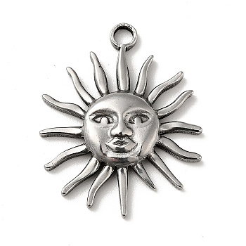 304 Stainless Steel Pendants, Sun with Human Face Charms, Antique Silver, 30x25x3.5mm, Hole: 3mm