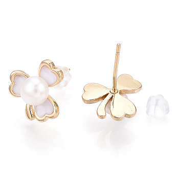 Clover Natural Pearl Stud Earrings with Enamel, Brass Earring with 925 Sterling Silver Pins, Real 18K Gold Plated, 13.5x13mm, Pin: 12x0.8mm
