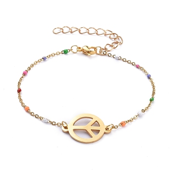 Peace Sign 201 Stainless Steel Link Bracelets, with 304 Stainless Steel Enamel Link Chains and Lobster Claw Clasps, Golden, 7-5/8 inch(19.5cm)