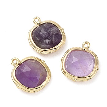Natural Amethyst Pendants, Faceted Square Charms, with Golden Plated Brass Edge Loops, 16x14x5mm, Hole: 2mm