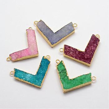 Electroplate Natural Druzy Crystal Links connectors, Dyed, with Golden Plated Brass Findings, Arrowhead, Mixed Color, 31~37x43~51x8~9mm, Hole: 3mm