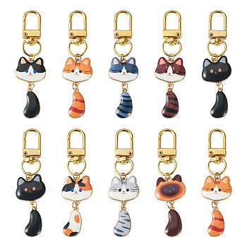 10Pcs Cat Alloy Enamel Pendant Decorations, with Alloy Swivel Clasps, Black, Golden, 73mm