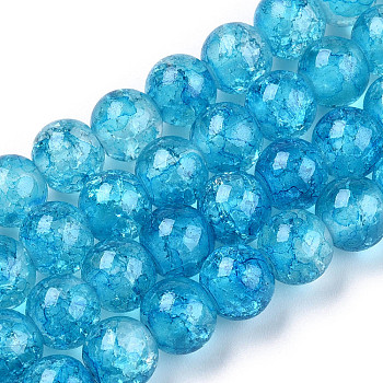 Baking Painted Crackle Glass Bead Strands, Round, Deep Sky Blue, 8mm, Hole: 1.3~1.6mm, about 100pcs/strand, 31.4 inch