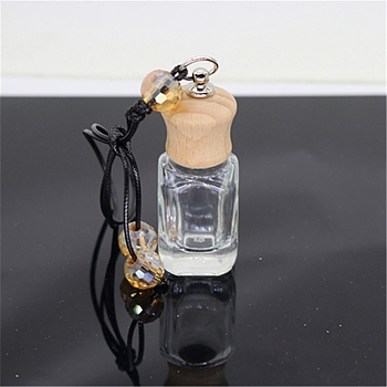 Empty Glass Perfume Bottle Pendants, Aromatherapy Fragrance Essential Oil Diffuser Bottle, with Coffee Color Cord, Car Hanging Decor, with Wood Lid, Square, 5.36x2.7cm.