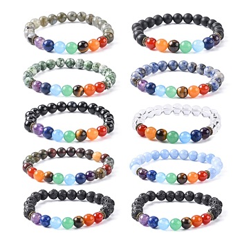 Yoga Chakra Jewelry Stretch Bracelets, with Natural Mixed Gemstone Beads, 2-1/8~2-3/8 inch(55~60mm)