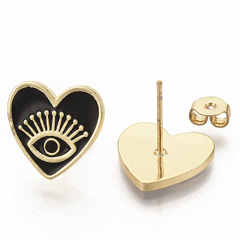 Brass Enamel Stud Earrings, with Earring Backs, Real 16K Gold Plated, Heart with Eye, Black, 13x13.5mm, Pin: 0.7mm