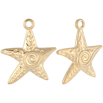 6Pcs 304 Stainless Steel Pendants, Starfish Charm, Ion Plating(IP), Real 18K Gold Plated, 22.5x20x2mm, Hole: 2.5mm