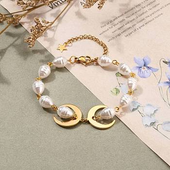 Brass Crescent Moon Bracelets, with Plastic Imitation Pearl Beads, 304 Stainless Steel Lobster Claw Clasps, Golden, 7-3/8 inch(18.6cm)