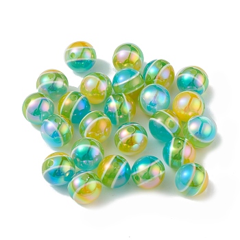 Opaque Acrylic Beads, AB Color, Round with Stripe Pattern, Colorful, 15.8x15mm, Hole: 2.5mm
