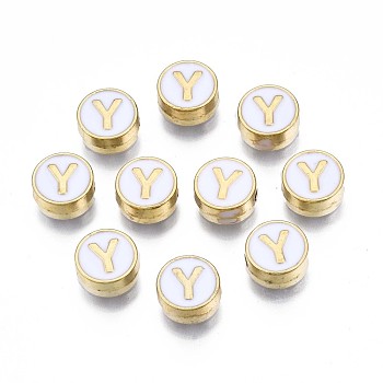 Alloy Enamel Beads, Cadmium Free & Lead Free, Light Gold, Flat Round with Alphabet, White, Letter.Y, 8x4mm, Hole: 1.5mm