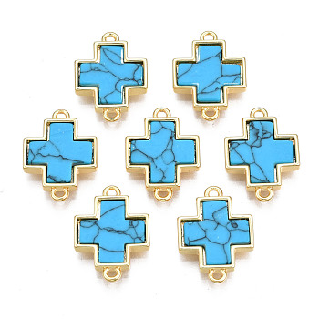 Brass Connector Charms, with Synthetic Turquoise, Cadmium Free & Nickel Free & Lead Free, Real 18K Gold Plated, Cross, Deep Sky Blue, 17.5x12.5x2.5mm, Hole: 1.2mm