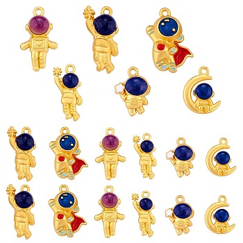 18Pcs 6 Style Rack Plating Alloy Enamel Pendants, with Glitter Powder, Golden, Spaceman, Mixed Color, 16~22x9~13x5.5~8mm, Hole: 1.4~1.5mm, 3pcs/style