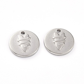 304 Stainless Steel Pendants, Flat Round with Heart, Stainless Steel Color, 15x2mm, Hole: 1.6mm