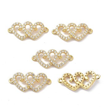 Eco-Friendly Brass Clear Cubic Zirconia Links Connectors, Long-Lasting Plated, Heart, Real 18K Gold Plated, 11.5x25x2.5mm, Hole: 1.4mm