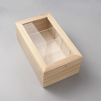 4 Grids Wood Food Card Storagge Boxes, with Clear Adjustable Dividers and Visible Hinged Lid, Rectangle, Antique White, 25.6x15x10cm