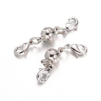Eco-Friendly Round Brass Magnetic Clasps Converter, with Lobster Claw Clasps, Lead Free & Nickel Free, Platinum, 14x8mm