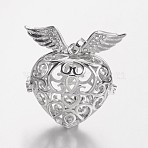 Eco-Friendly Rack Plating Brass Rhinestone Cage Pendants, For Chime Ball Pendant Necklaces Making, Hollow Heart with Wing, Cadmium Free & Nickel Free & Lead Free, Platinum, 32x37x20mm, Hole: 9.5x4mm, Inner: 20x21mm(KK-M176-14P-NR)