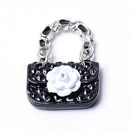 Alloy Enamel Pendants, Bag with White Flower, Platinum, Black, 24x16.5x6mm, Hole: 11x7.5mm(PALLOY-WH0084-33B)