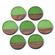 Transparent Resin & Walnut Wood Pendants, Flat Round, Green, 28.5x3.5~4mm, Hole: 1.5mm(RESI-S358-02B-H55)