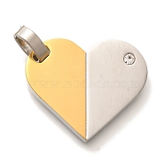 304 Stainless Steel Pendants, with Rhinestone, Heart Charm, Real Gold Plated & Stainless Steel Color, 23x27x3mm, Hole: 7x5mm(STAS-U035-28P)