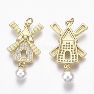 Brass Micro Pave Clear Cubic Zirconia Pendants, with ABS Plastic Imitation Pearl and Jump Ring, Nickel Free, Windmill, Real 18K Gold Plated, 33x17.5x4.5mm, Hole: 3mm(ZIRC-R109-051-NF)