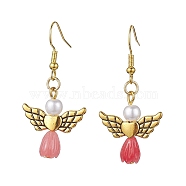 Angel Antique Golden Alloy & Resin Dangle Earrings, Imitation Pearl Acrylic Drop Earrings, Cerise, 45x21.5mm(EJEW-JE05686-05)