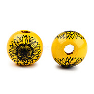 Spray Painted Wood Beads, Printed Beads, Round, Gold, 15~16x14~15mm, Hole: 3~4mm(WOOD-N015-01-13)