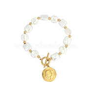 Natural Pearl Rectangle & Flat Round Beaded Bracelet with Stainless Steel Coin Charms, Golden, 7-7/8 inch(20cm)(SX4591-2)