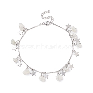 Natural White Moonstone Chips & Star Charms Anklet, 304 Stainless Steel Jewelry for Women, 9~9-1/8 inch(22.8~23cm)(AJEW-AN00512-02)