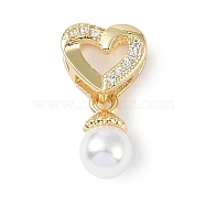Rack Plating Brass Micro Pave CLear Cubic Zirconia Pendants, with Plastic Imitation Pearl Beads, Cadmium Free & Lead Free, Long-Lasting Plated, Heart, Real 18K Gold Plated, 17x9x5mm, Hole: 4x2mm(KK-E110-01G)