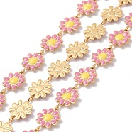 304 Stainless Steel Daisy Flower Link Chains with Enamel, Unwelded, Golden, Flamingo, 14x10x1mm(AJEW-J035-03G-10)