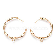 Brass Stud Earring Findings, Half Hoop Earrings, with Loop, Twisted, Nickel Free, Real 18K Gold Plated, 34x32x3mm, Hole: 2mm, Pin: 0.8mm(KK-N186-48G)