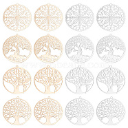 BENECREAT 32Pcs 8 Style Rack Plating Brass Filigree Pendants, Long-Lasting Plated, Flat Round, Nickel Free, Flat Round with Tree of Life & Angel & Flower, Mixed Color, 31.5~32x30x0.4mm, Hole: 1~1.4mm, 4pcs/style(KKC-BC0001-03)