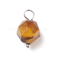 Faceted Natural Tiger Eye Pendants, with Platinum Tone Brass Loops, Star Cut Round Charm, 13.5x7.5~8x7.5~8mm, Hole: 3mm(PALLOY-JF01694-01)