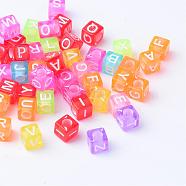 Transparent Acrylic Beads, Horizontal Hole, Cube with Letter, Mixed Color, 5.5~6x5.5~6x5.5~6mm, Hole: 3mm, about 2800pcs/500g(TACR-S132-M)