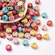 Opaque Acrylic Beads, Flat Round with Heart, Golden Plated, 6.5x7x3mm, Hole: 1.6mm, about 3600~3700pcs/500g(PACR-N006-50-A01)