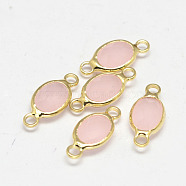 Oval Faceted Golden Brass Glass Links connectors, Pink, 15x7x3.2mm, Hole: 1mm(X-GLAA-O014-25G)