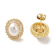 Oval ABS Imitation Pearl Studs Earrings, Rack Plating Brass Cubic Zirconia for Women, Long-Lasting Plated, Lead Free & Cadmium Free, Real 18K Gold Plated, 15x13mm(EJEW-K289-09G)