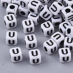 White Opaque Acrylic Beads, Horizontal Hole, Cube with Black Alphabet, Letter.U, 4~5x4~5x4~5mm, Hole: 1.8mm, about 255~260pcs/20g(X-MACR-R869-02U)