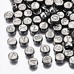 CCB Plastic Beads, Horizontal Hole, Flat Round with Letter, Gunmetal, 7x4mm, Hole: 1.8mm, about 3300pcs/500g(CCB-N004-002B)