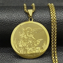 304 Stainless Steel Box Chain Archangel Saint Michael Flat Round Pendant Necklaces, Golden, 23.35 inch(59.3cm)(NJEW-S003-02G)