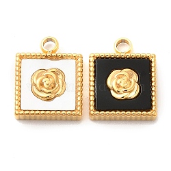 Vacuum Plating 304 Stainless Steel Charms, with Shell & Acrylic, Square with Rose, Golden, 13.5x10.5x3mm, Hole: 1.8mm(STAS-A079-03G)