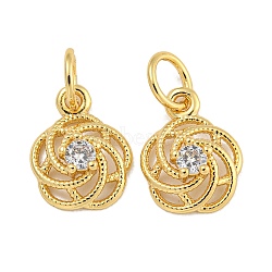 Rack Plating Brass Micro Pave Clear Cubic Zirconia Charms, Lead Free & Cadmium Free, Long-Lasting Plated, Flower, Real 18K Gold Plated, 10.5x8x3.5mm, Hole: 3.5mm(KK-U030-21G)